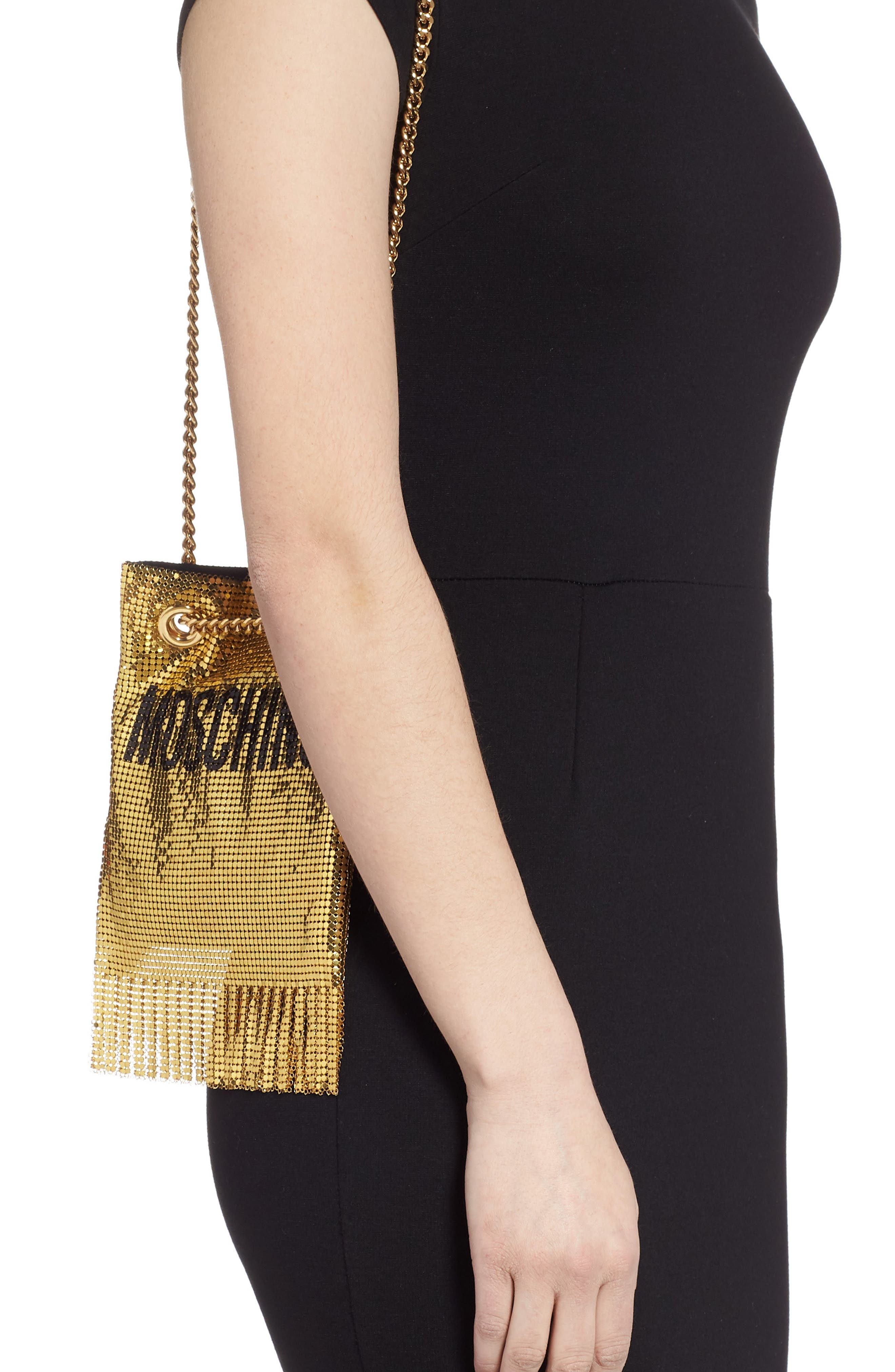 Moschino Logo Metallic Mesh Fringe Bag, Alternate, color, 