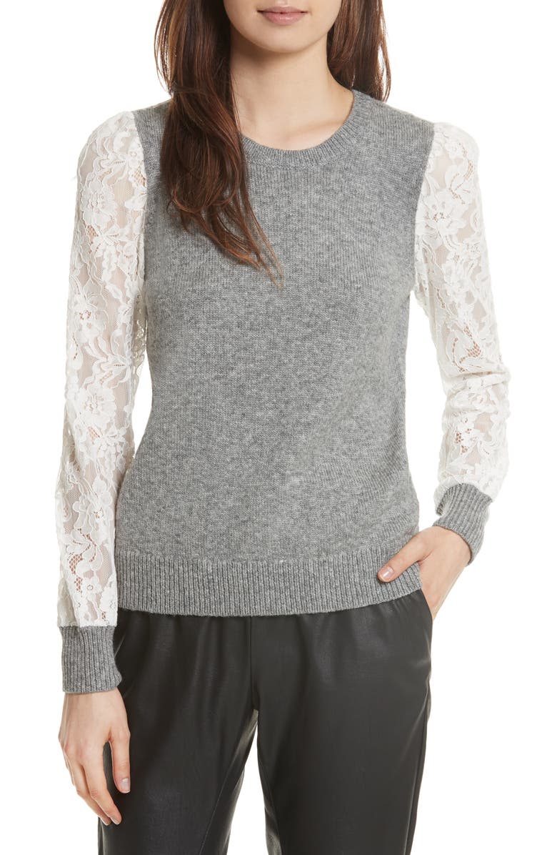 Rebecca Taylor Lace Sleeve Pullover, Main, color, Silver Heather Grey / Chalk