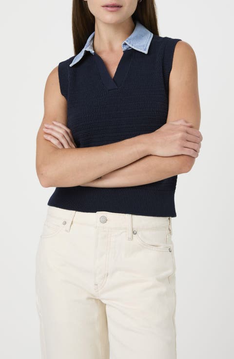 Contrast Collar Cotton Sweater Vest