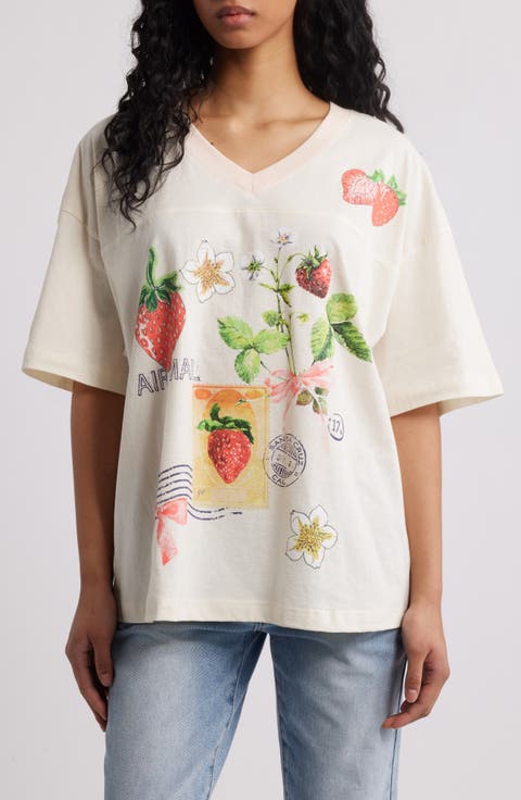 Strawberry Collage V-Neck Cotton Graphic T-Shirt