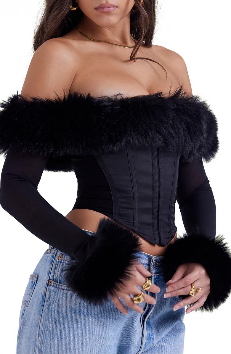 HOUSE OF CB Merle Faux Fur Off the Shoulder Crop Corset, Alternate, color,