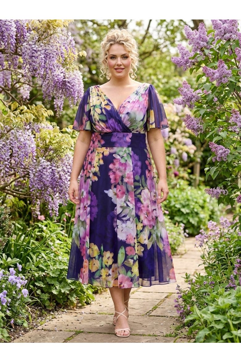 Victoria Floral Angel Sleeve Midi Dress, Alternate, color, Navy Purple Multi