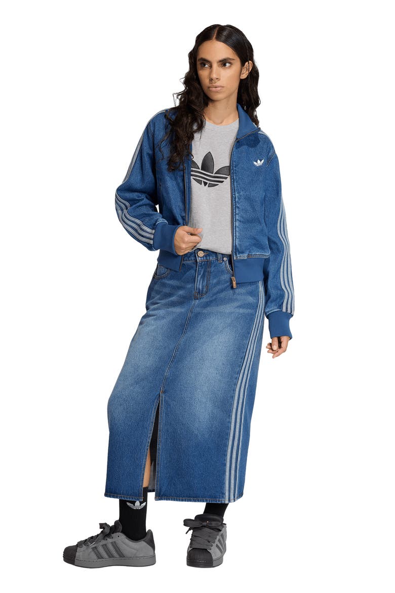 3-Stripes Denim Midi Skirt, Alternate, color, MEDIUM VINTAGE DENIM