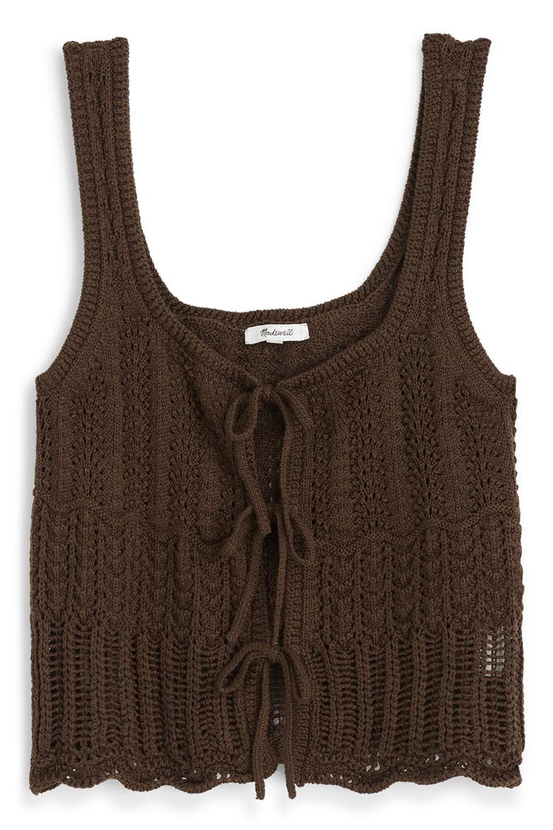 Pointelle Stitch Tie Front Cotton Sweater Tank, Alternate, color, DARK BROWN