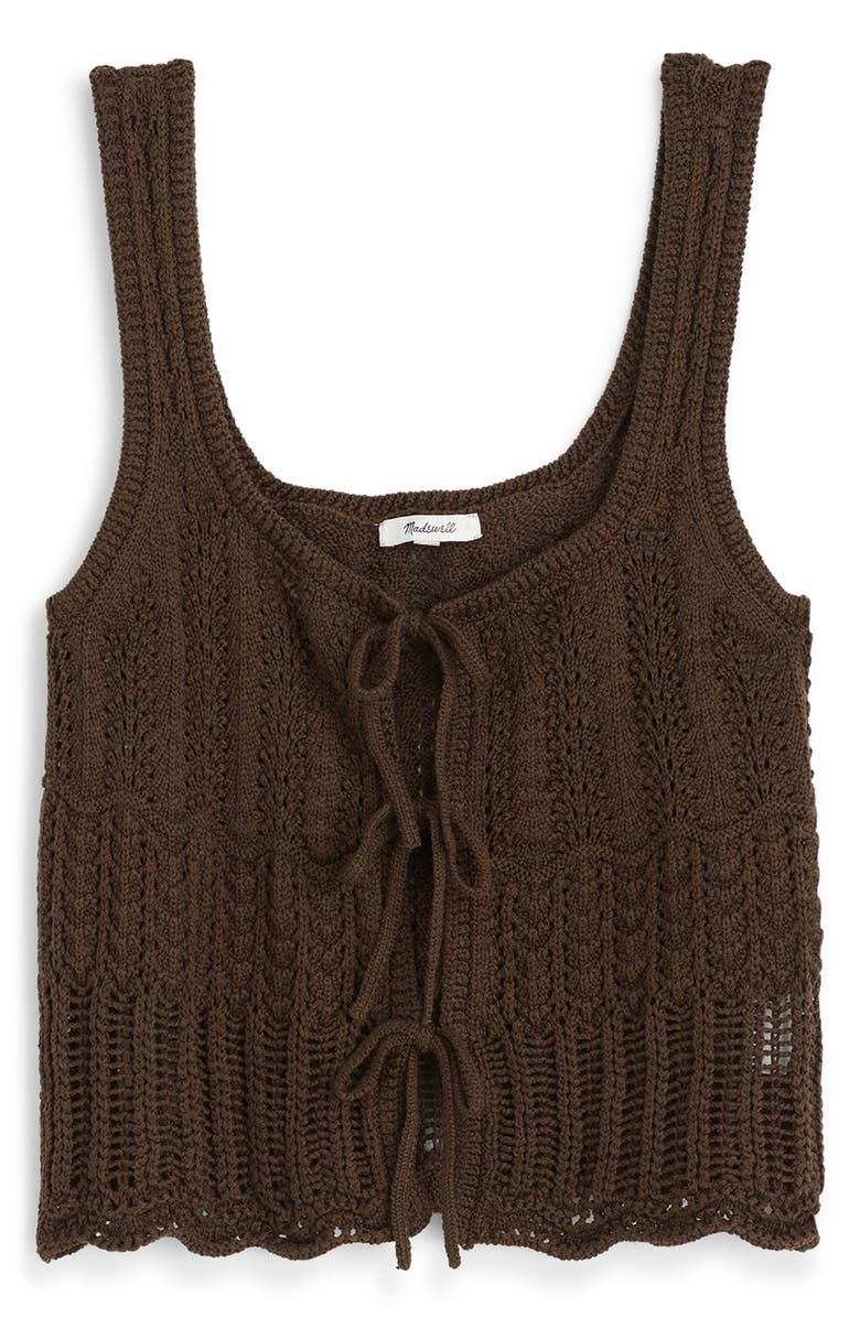 Madewell Pointelle Stitch Tie Front Cotton Sweater Tank, Alternate, color, Dark Brown