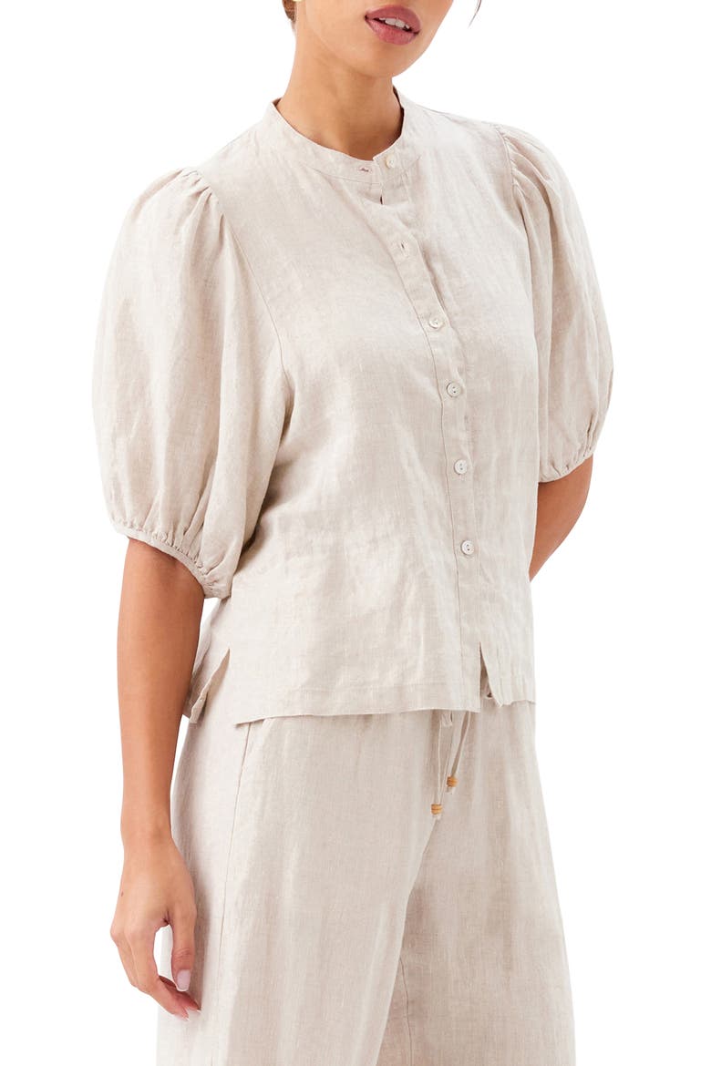 Puff Sleeve Linen Button-Up Top, Alternate, color, OATMEAL