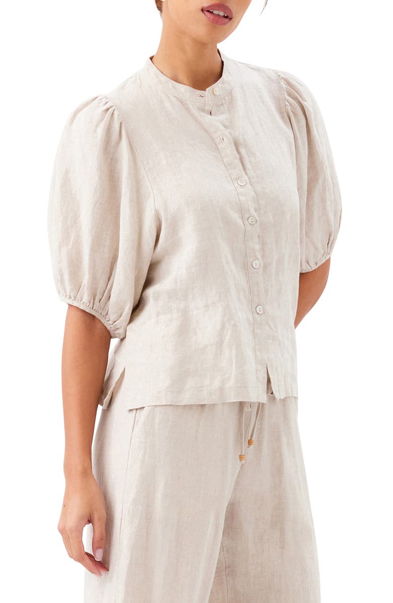Karen Kane Puff Sleeve Linen Button-Up Top, Alternate, color, Oatmeal