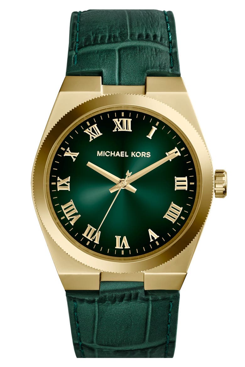 Michael Kors 'Channing' Leather Strap Watch, 38mm, Main, color, GREEN/ GOLD