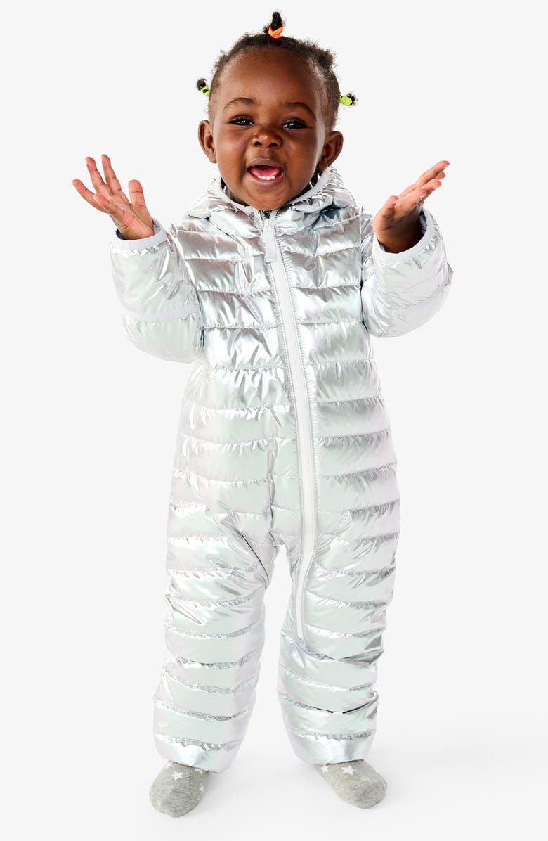 Primary Lightweight Water Repellent Metallic Puffer Snowsuit, Alternate, color, Silver