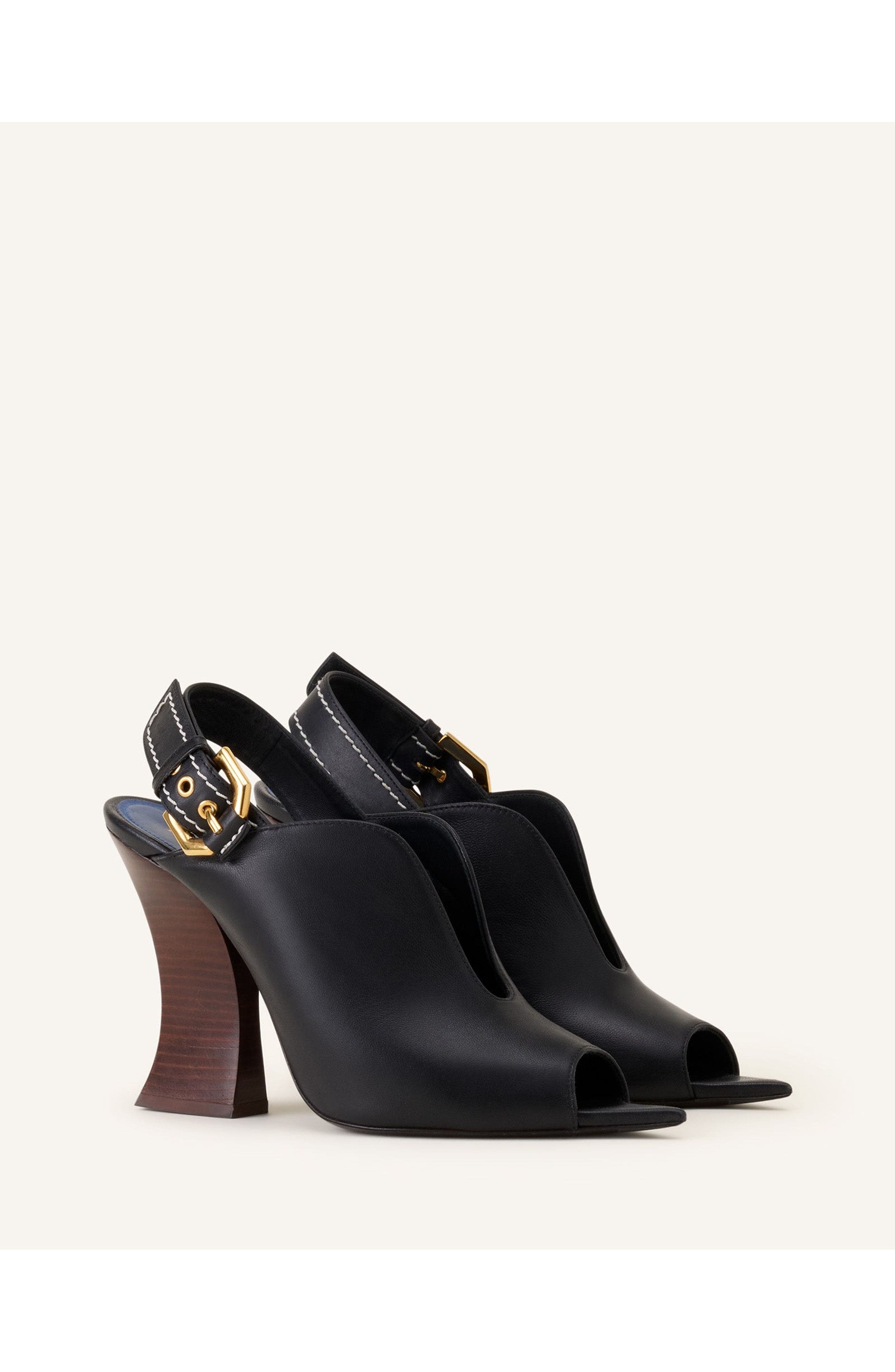 Lanvin Buckle Arch Heeled Leather Mules, Alternate, color, Black
