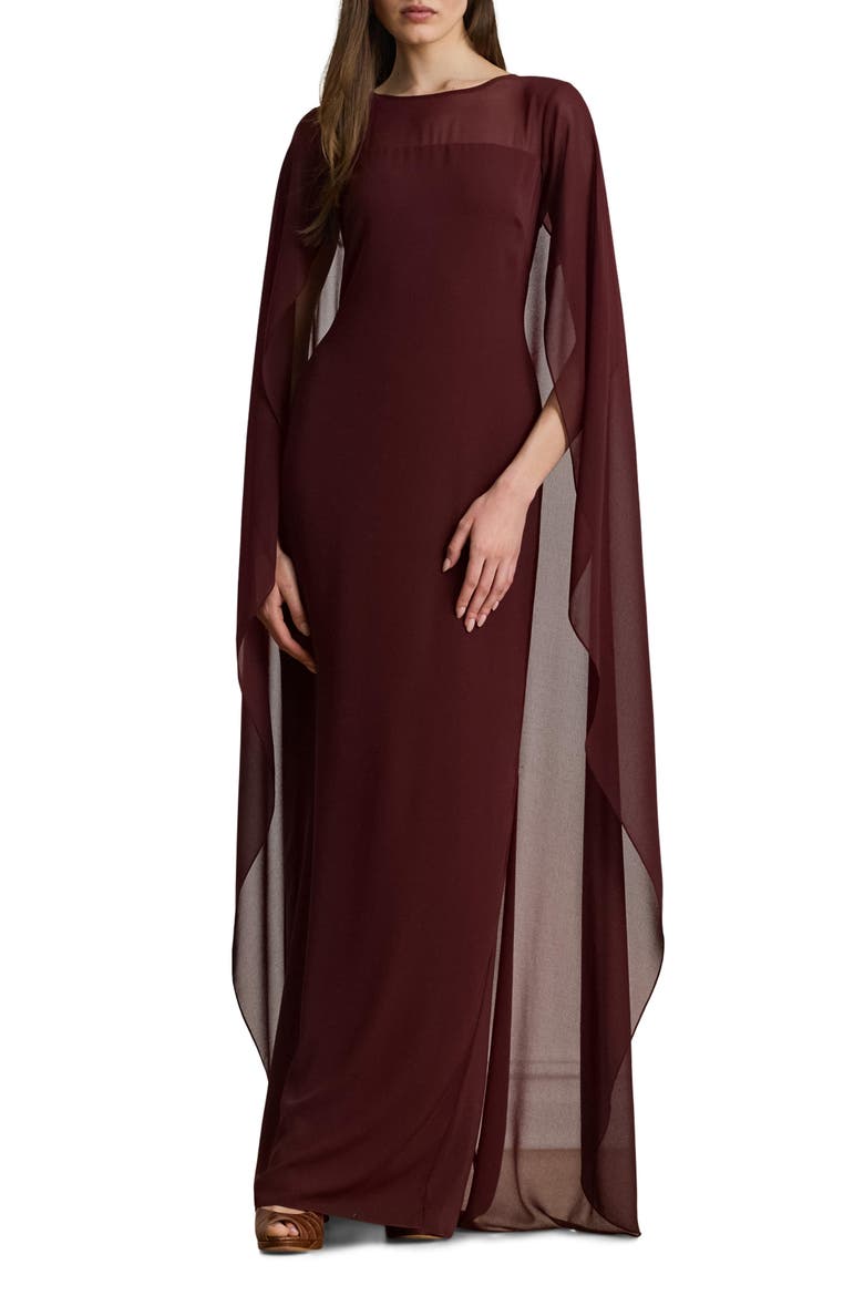Sheer Cape Georgette Column Gown, Main, color, DARK GARNET
