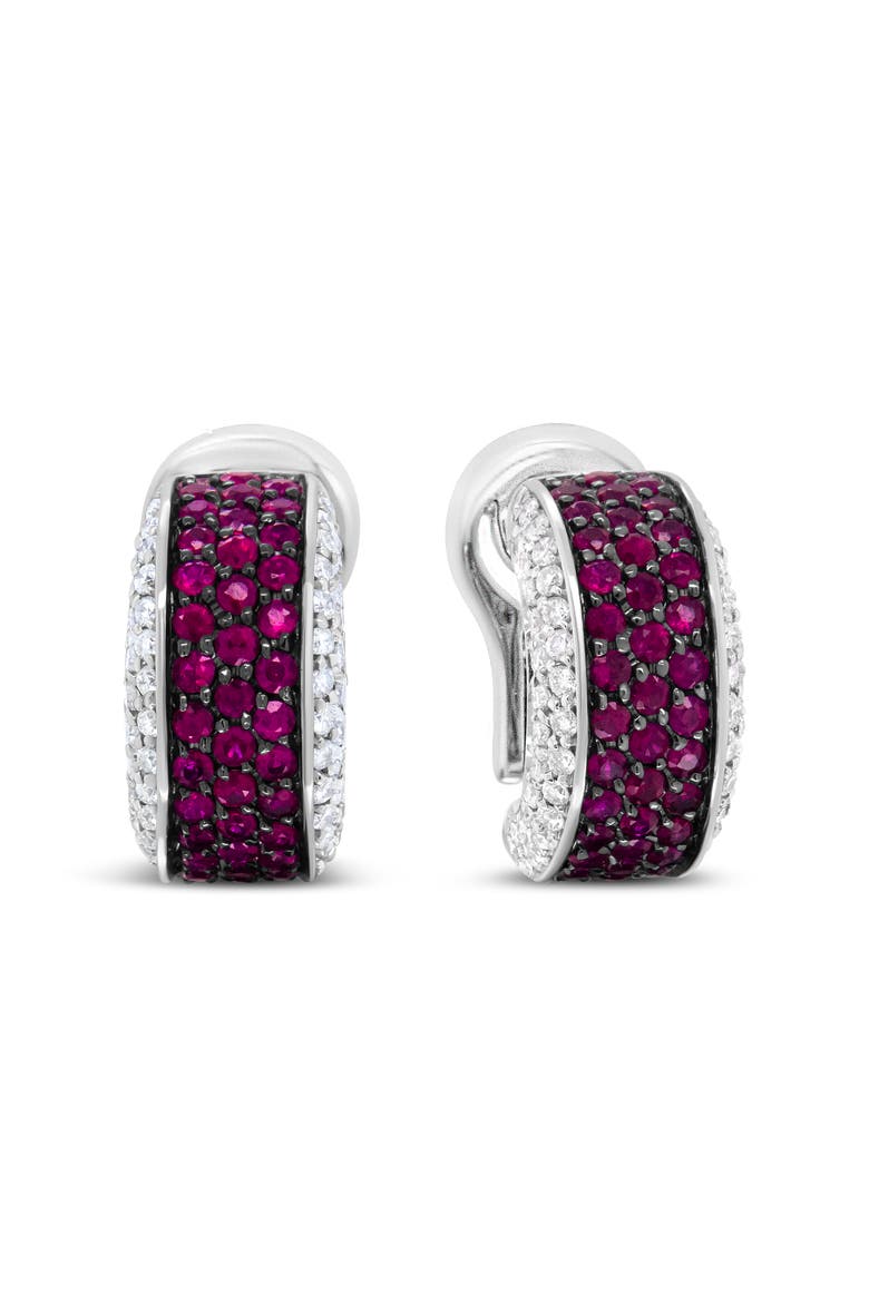18K Gold & Black Rhodium Plated 3/4 Ctw Diamonds & Red Ruby Huggie Hoop Earrings, Main, color, White