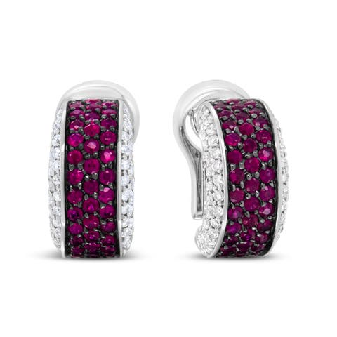 18K Gold & Black Rhodium Plated 3/4 Ctw Diamonds & Red Ruby Huggie Hoop Earrings