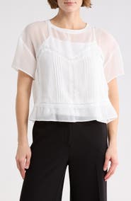 Adrianna Papell Short Sleeve Pieced Sheer Lace & Chiffon Top