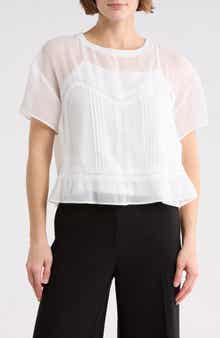 Adrianna Papell Short Sleeve Pieced Sheer Lace & Chiffon Top