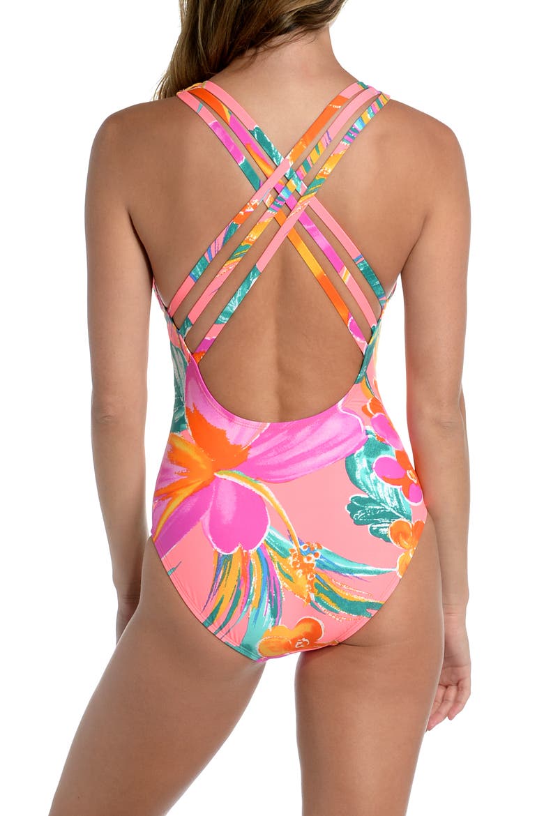 Isla Crossback One-Piece Swimsuit, Alternate, color, HOT CORAL