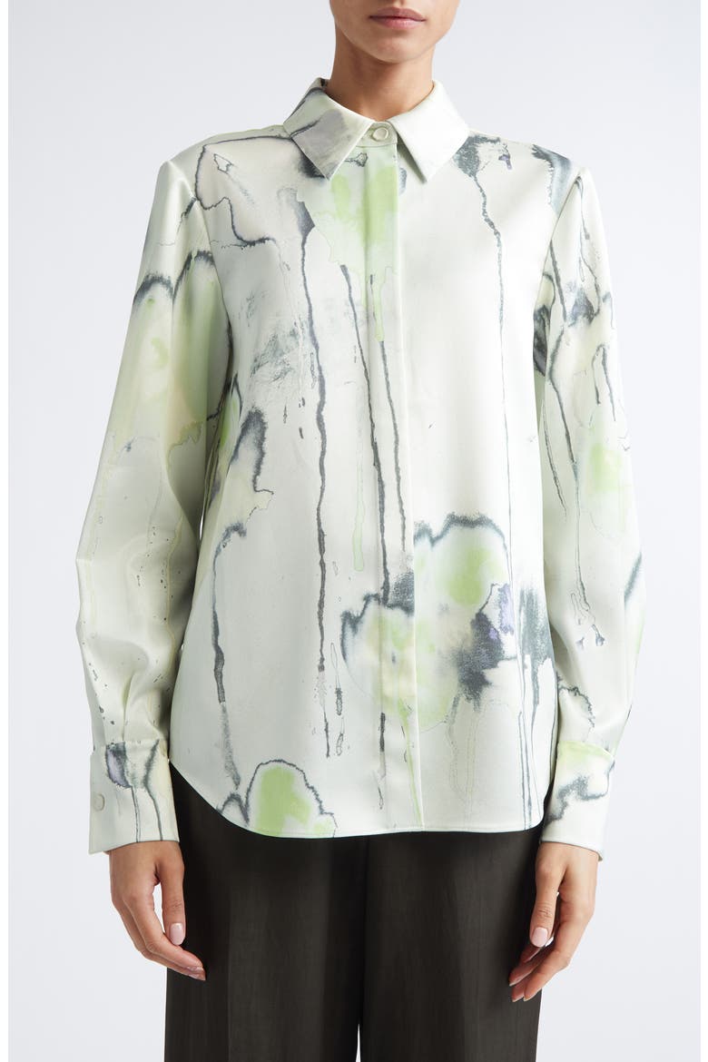 Watercolor Floral Silk Twill Button-Up Shirt, Alternate, color, LIGHT JADE MULTI