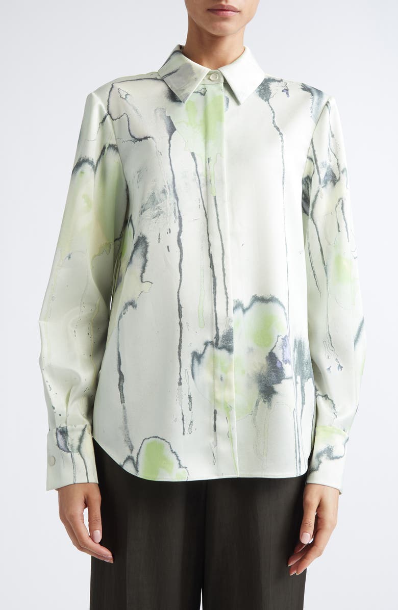 Jason Wu Collection Watercolor Floral Silk Twill Button-Up Shirt, Alternate, color, Light Jade Multi