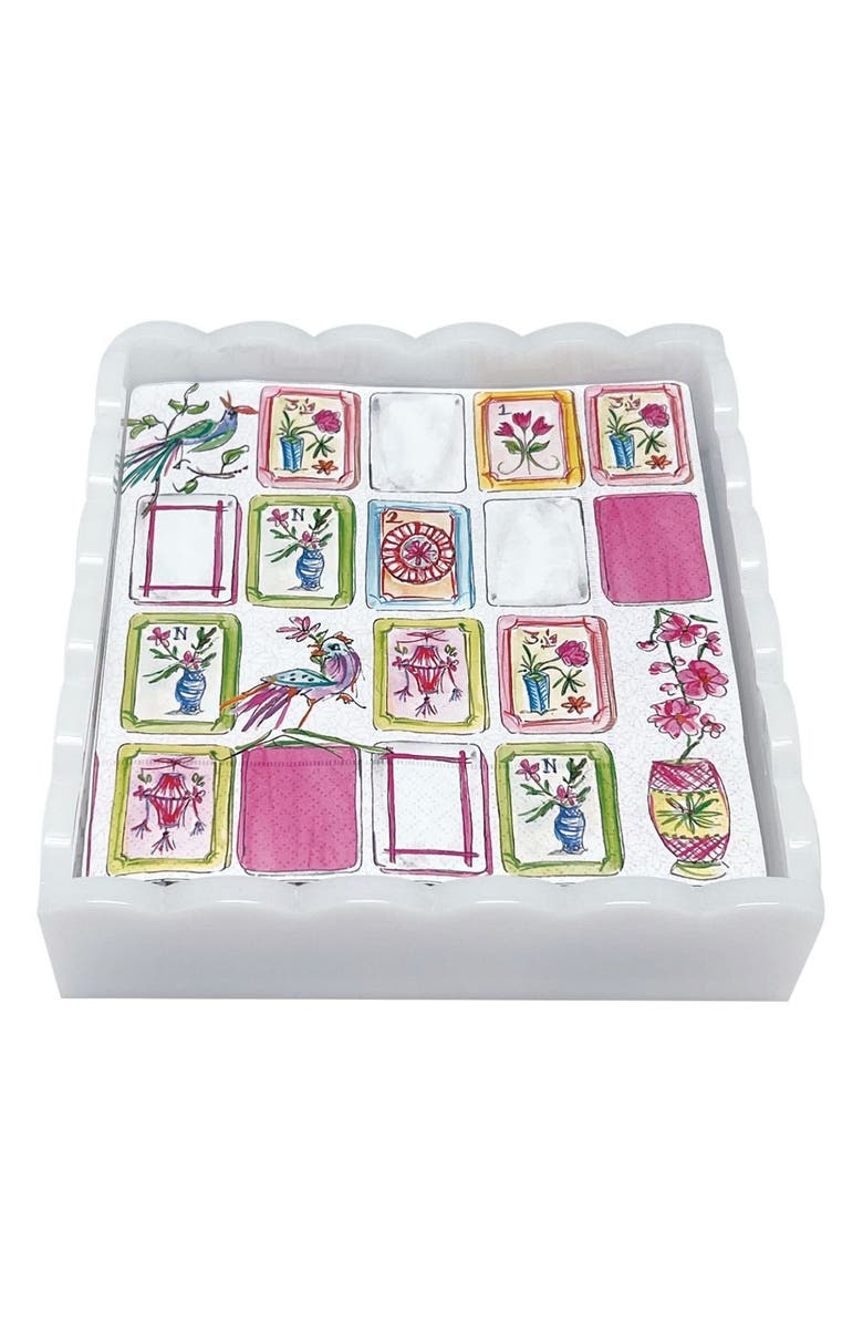 Mariposa Mahjong Scallop Napkin Box Set, Main, color, White