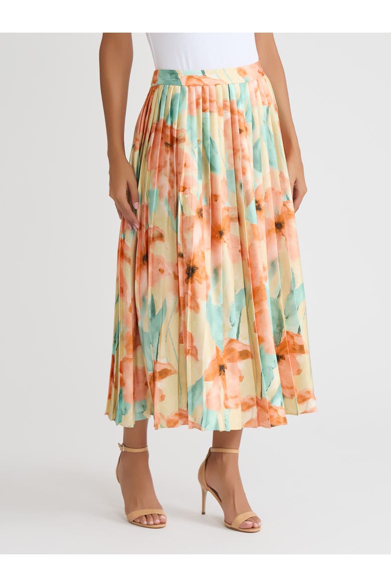 Floral Pleated Crepe de Chine Maxi Skirt, Alternate, color, Sunglow/Mystic Green