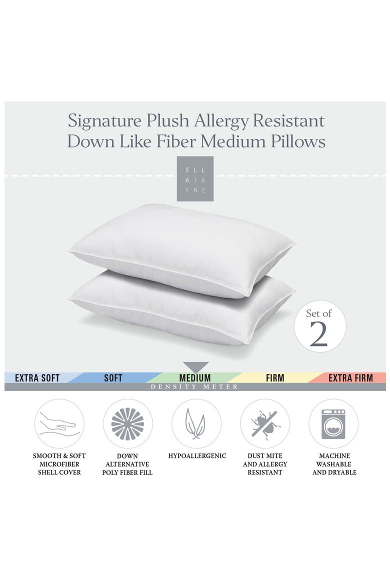 Signature Plush Medium Density Allergy-Resistant Down Alternative Pillow, Set of 2, Alternate, color, WHITE