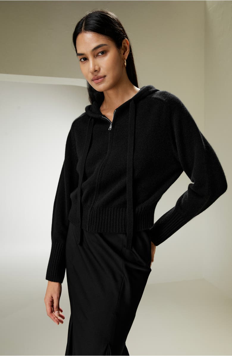 Lilysilk Short Zip-Up Wool Cashmere Hoodie, Alternate, color, Black