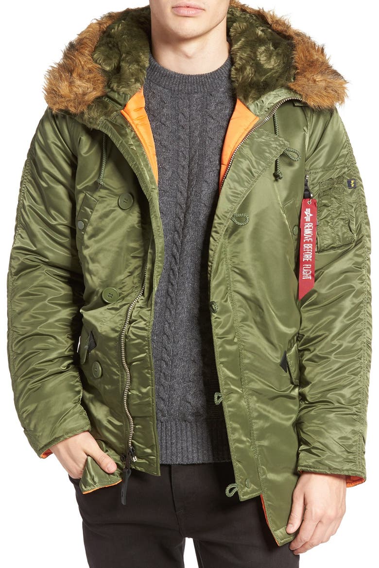 Slim Fit N-3B Parka, Main, color, SAGE/ ORANGE