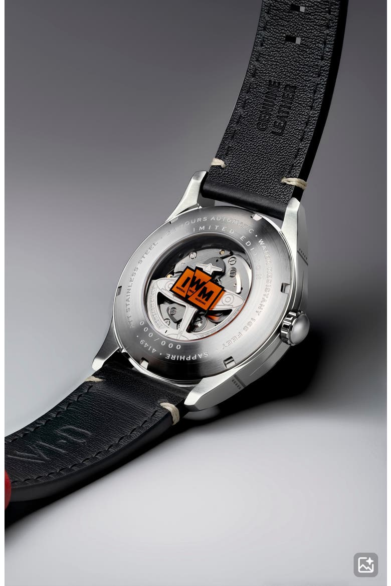 x Imperial War Museums Spitfire N3200 Automatic Leather Strap Watch, 42mm, Alternate, color, BLACK