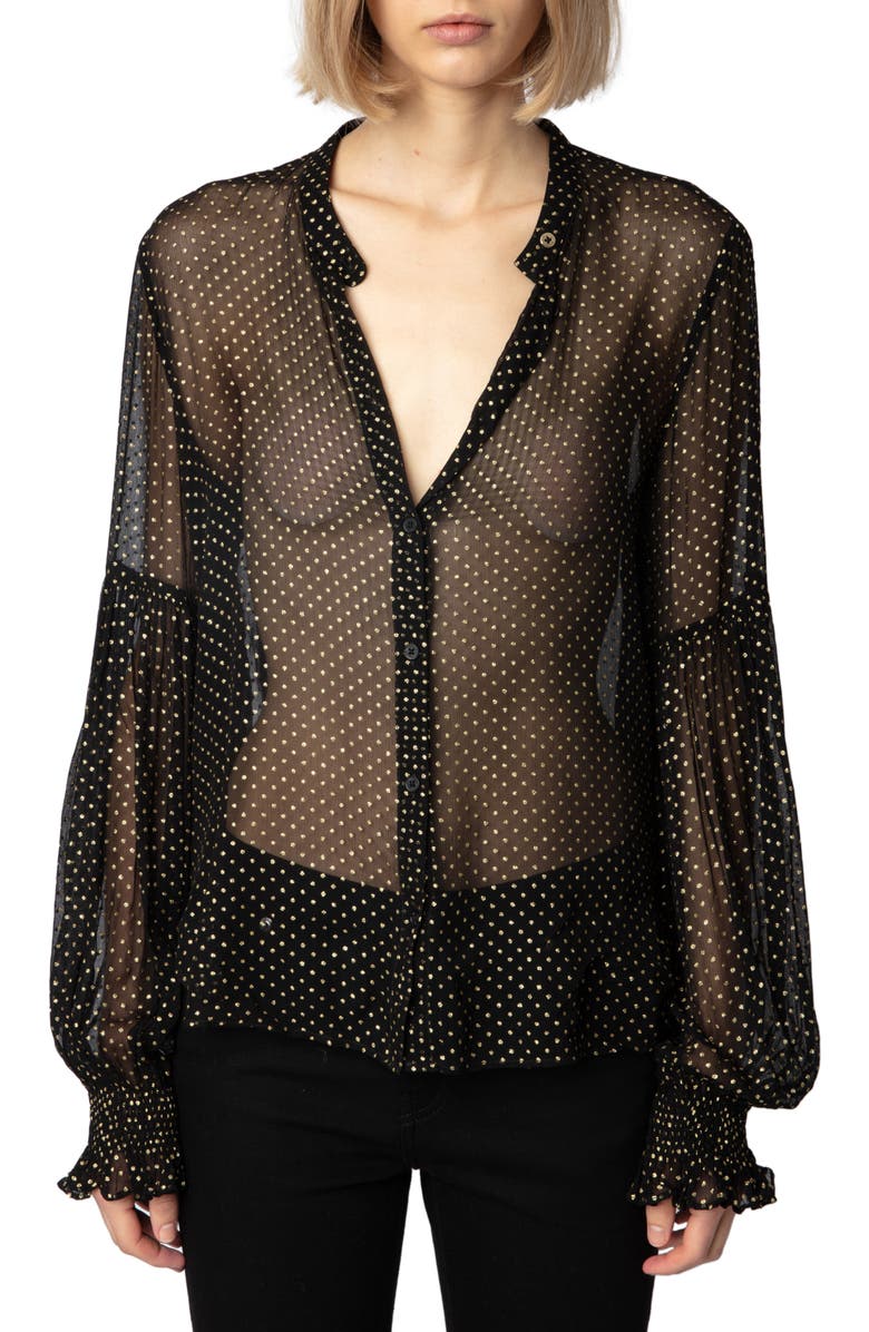 Zadig & Voltaire Tandy Sheer Sequin Button-Up Shirt, Main, color, Noir