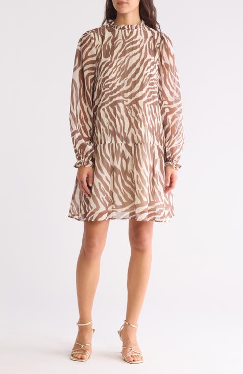 Ruffle Neck Long Sleeve Pleated Dress