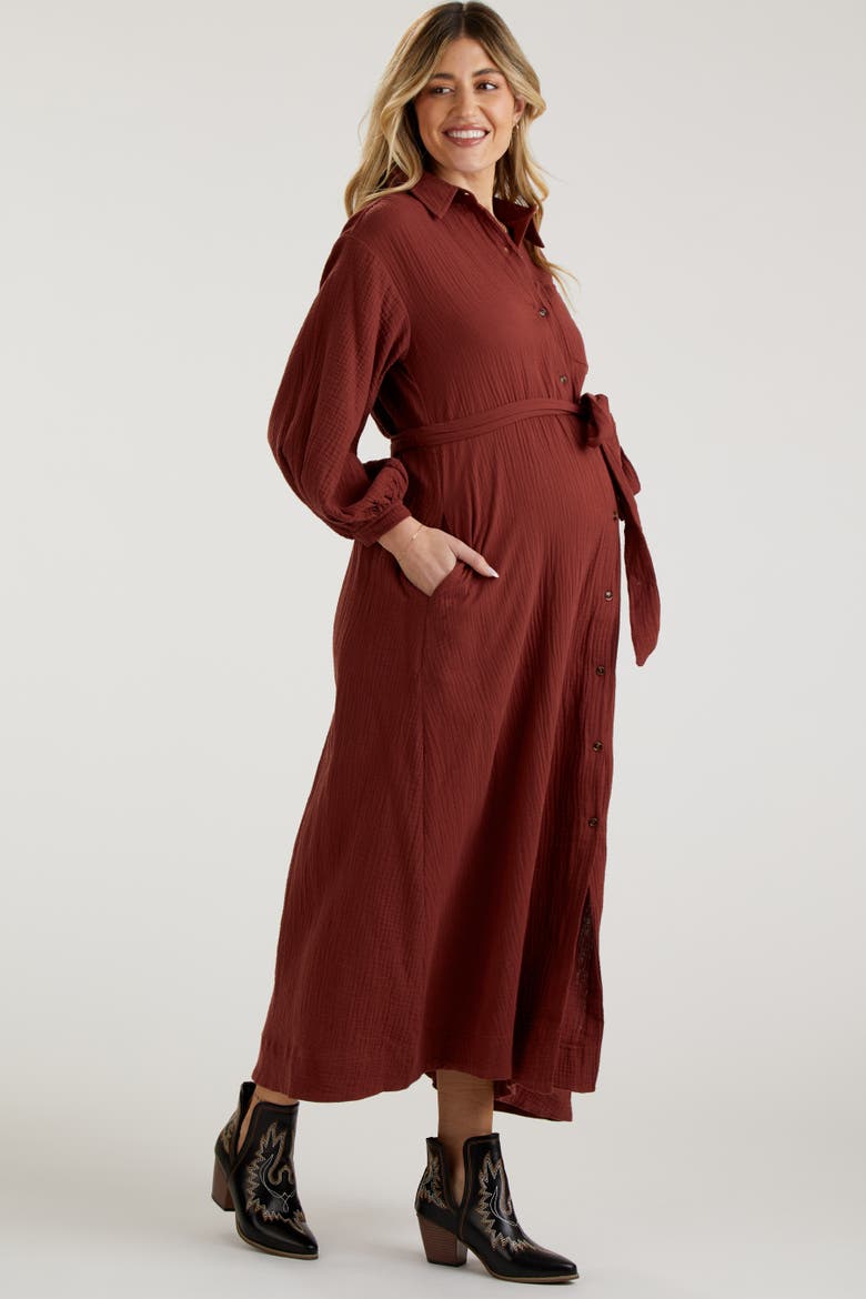 Gauze Belted Shirt Midi Dress, Alternate, color, Rust