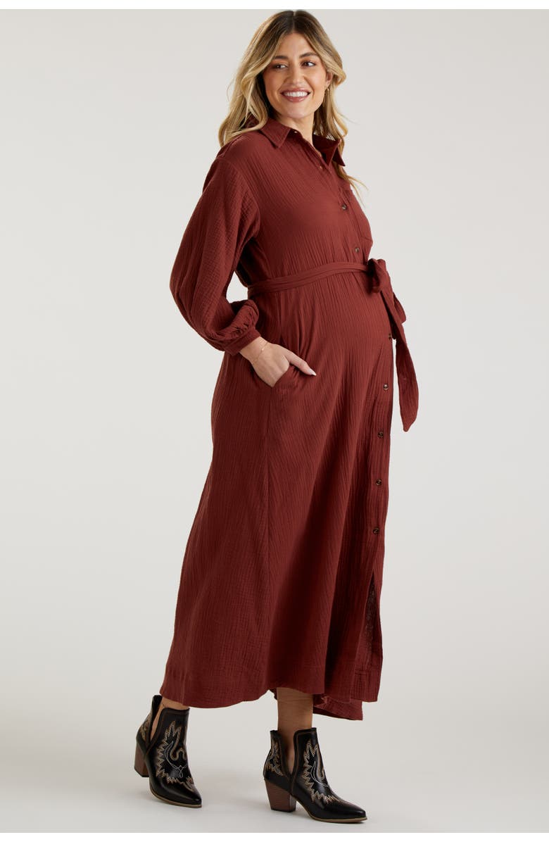 PinkBlush Gauze Belted Shirt Midi Dress, Alternate, color, Rust
