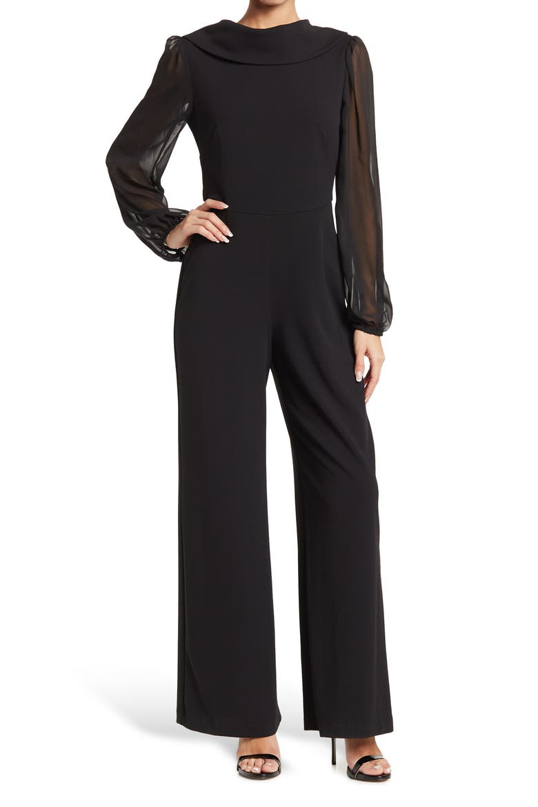 Chiffon Long Sleeve Jumpsuit, Main, color, BLACK