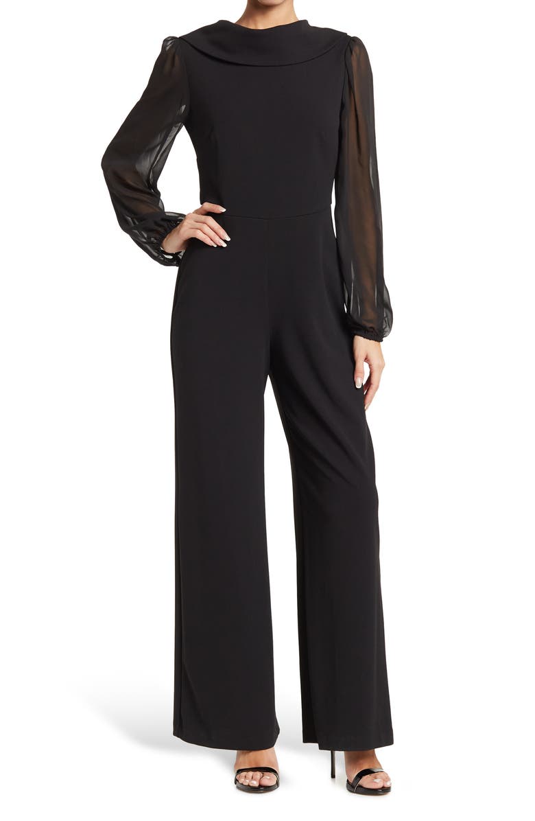 Connected Apparel Chiffon Long Sleeve Jumpsuit, Main, color, Black