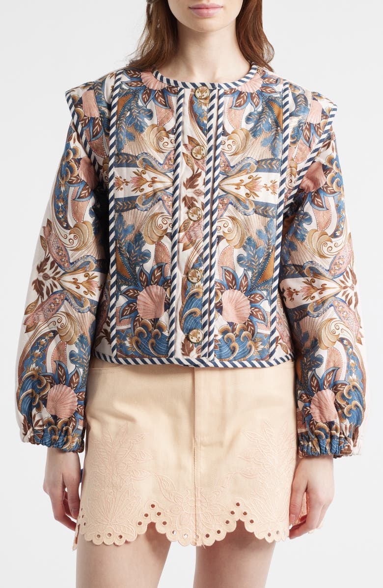 FARM Rio Sea Garden Print Button Front Jacket, Alternate, color, Sea Garden Scarf Sof