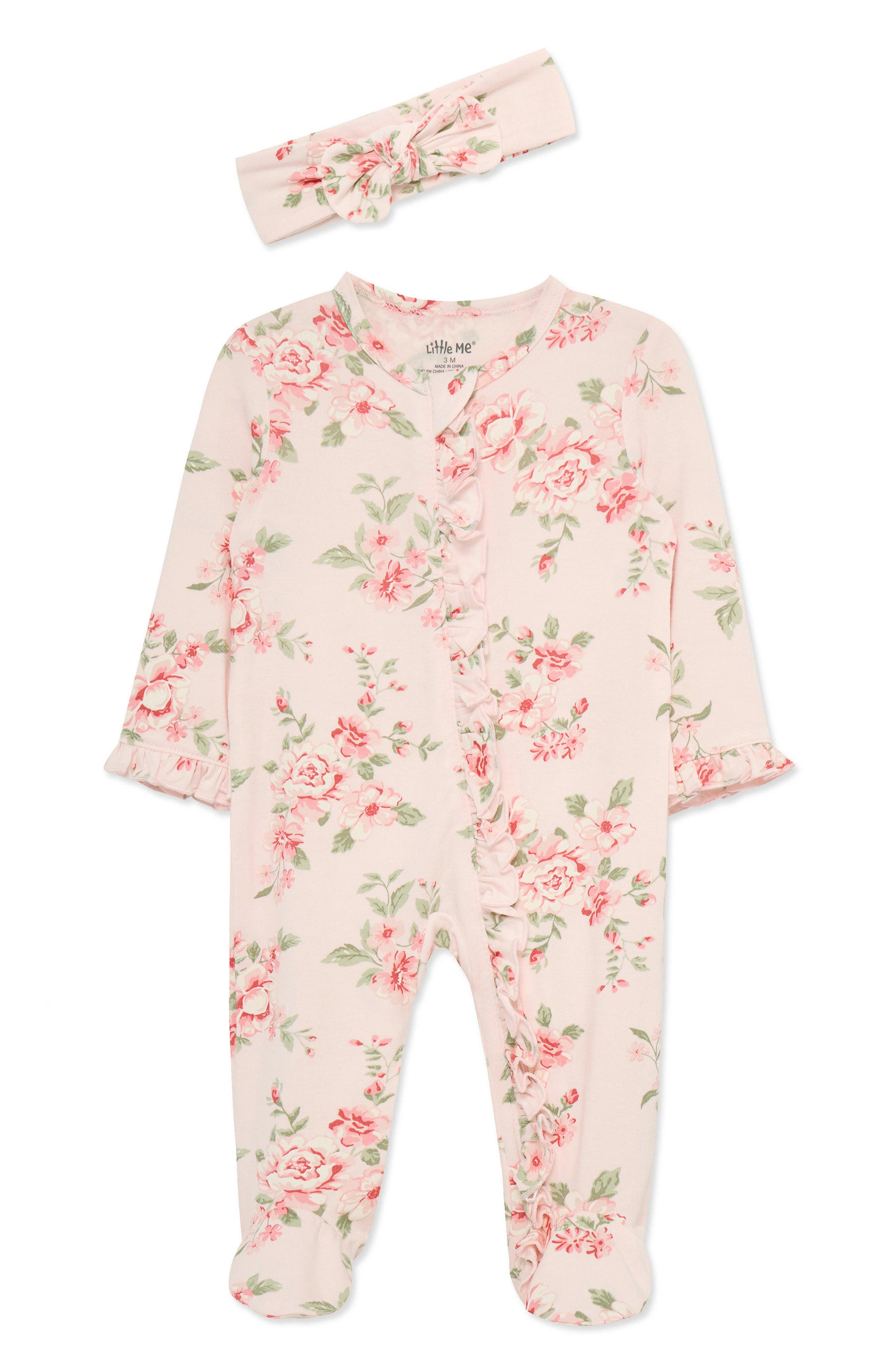 'Vintage Roses' Ruffled Stretch Viscose Zip Footie & Headband Set (Nordstrom Exclusive)