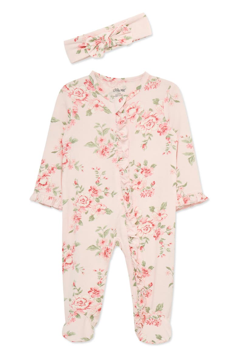 'Vintage Roses' Ruffled Stretch Viscose Zip Footie & Headband Set (Nordstrom Exclusive), Main, color, PINK