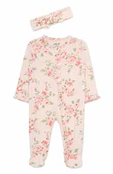 'Vintage Roses' Ruffled Stretch Viscose Zip Footie & Headband Set (Nordstrom Exclusive)