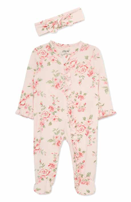 'Vintage Roses' Ruffled Stretch Viscose Zip Footie & Headband Set (Nordstrom Exclusive)