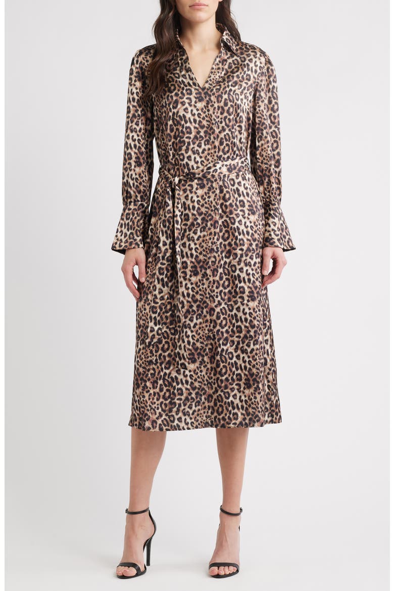 Leopard Print Long Sleeve Midi Shirtdress, Main, color, BROWN BLACK