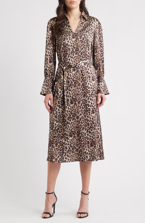 Leopard Print Long Sleeve Midi Shirtdress