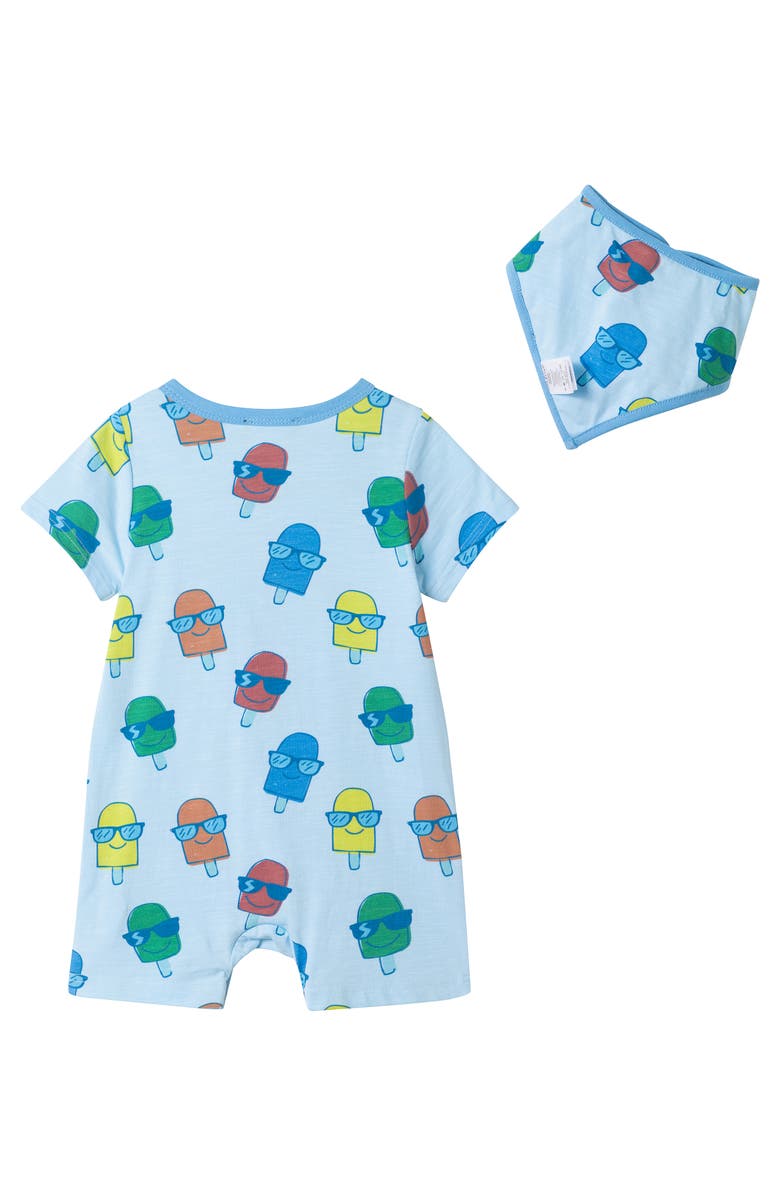 Andy & Evan Print Romper & Bib Set, Alternate, color, Blue Ice Pop