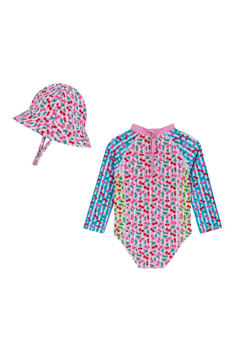 Cherry Stripe Long Sleeve One-Piece Rashguard Swimsuit & Sun Hat Set, Alternate, color, PINK CHERRY