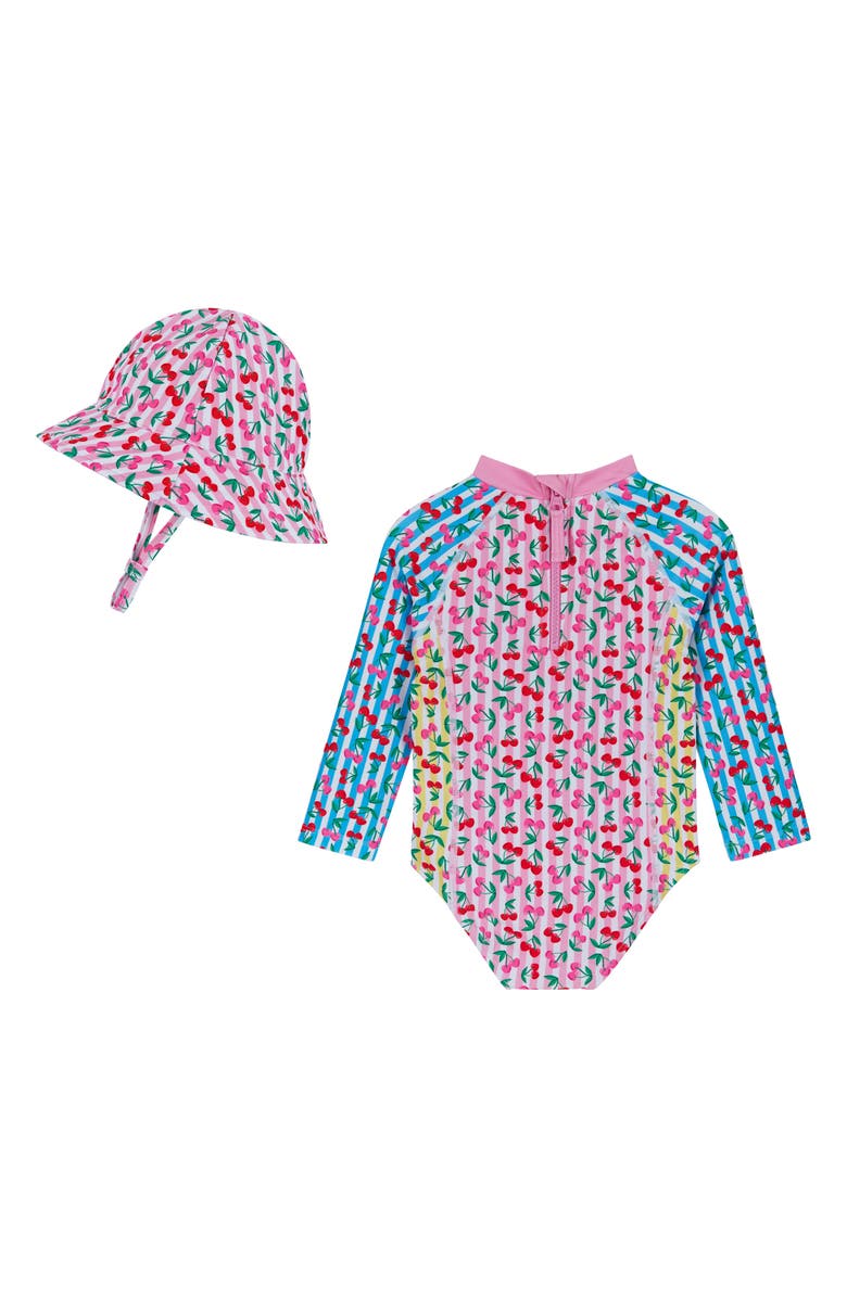 Andy & Evan Cherry Stripe Long Sleeve One-Piece Rashguard Swimsuit & Sun Hat Set, Alternate, color, Pink Cherry