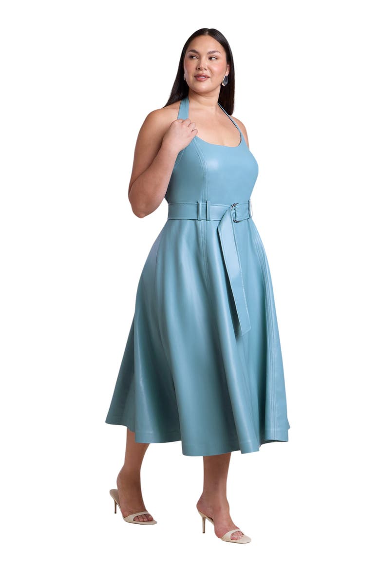 Faux Leather Halter Midi Dress, Alternate, color, CAMEO BLUE