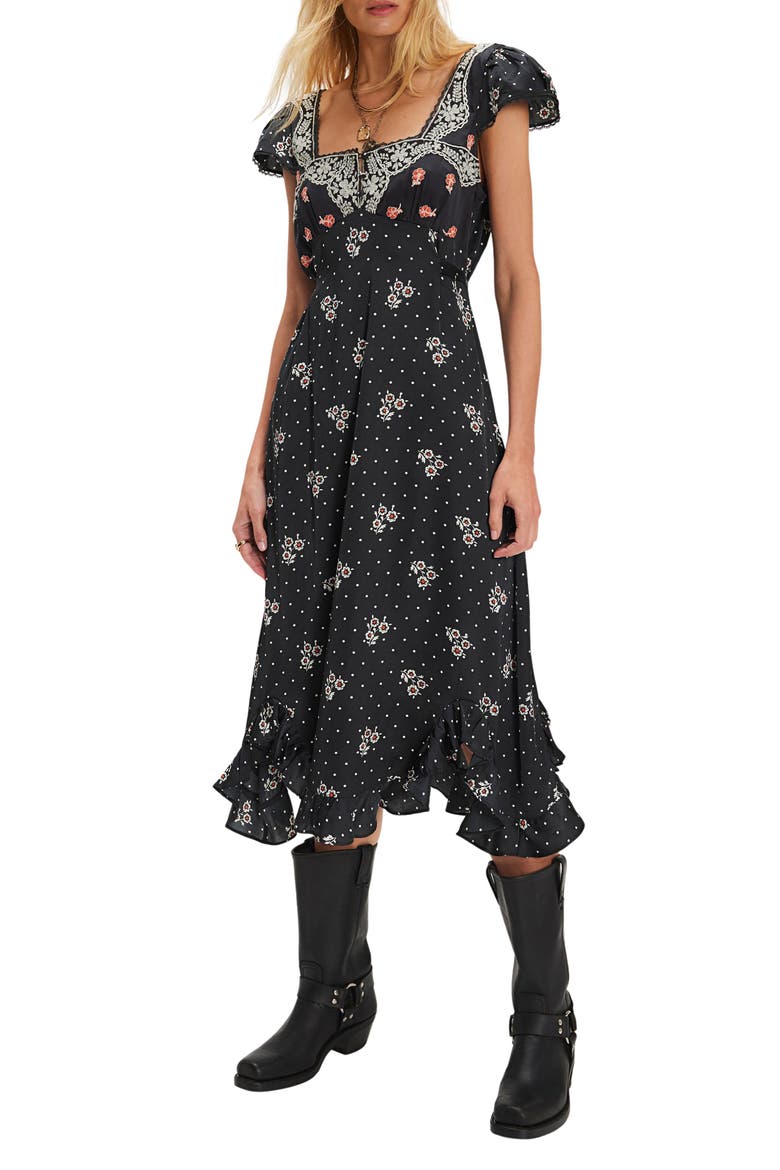 Haven Embroidered Lace Trim Satin Midi Dress, Main, color, BLACK COMBO