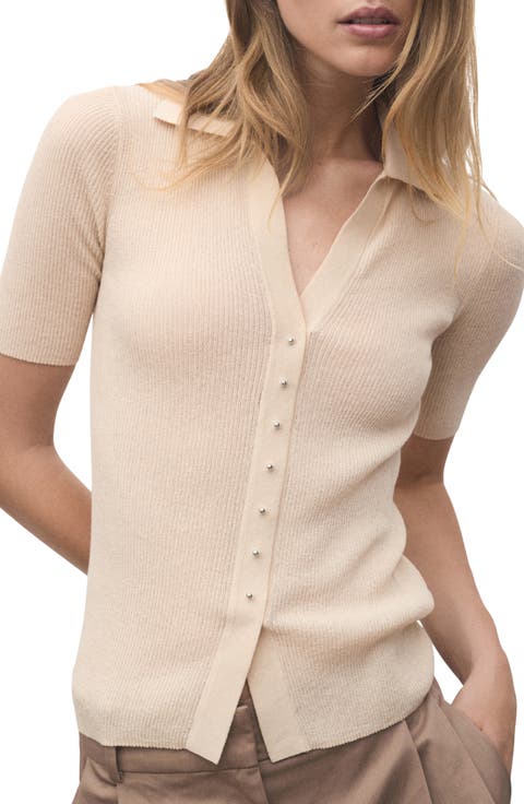 Fine Knit Sweater with Shirt Collar