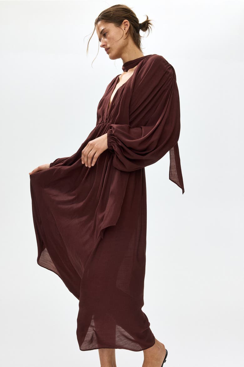 Scarf-detail Balloon-sleeved Dress, Alternate, color, Burgundy