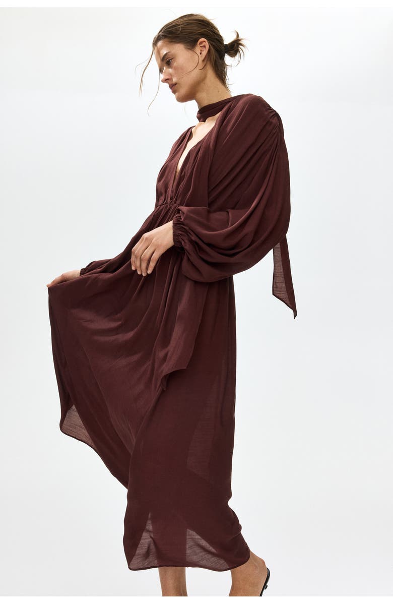 H&M Scarf-detail Balloon-sleeved Dress, Alternate, color, Burgundy