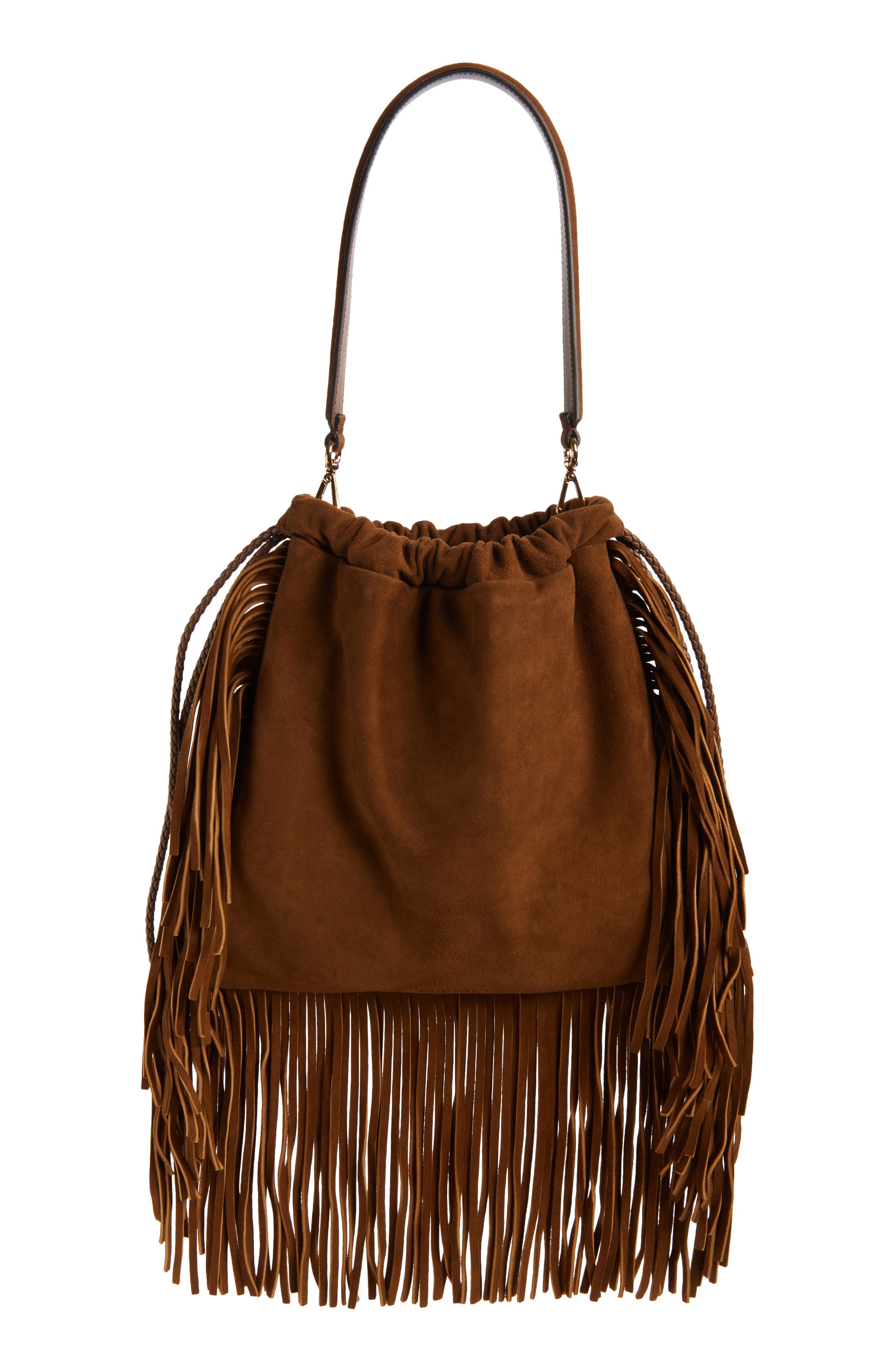 Etro Kalispera Stud & Fringe Suede Shoulder Bag, Alternate, color, Brown